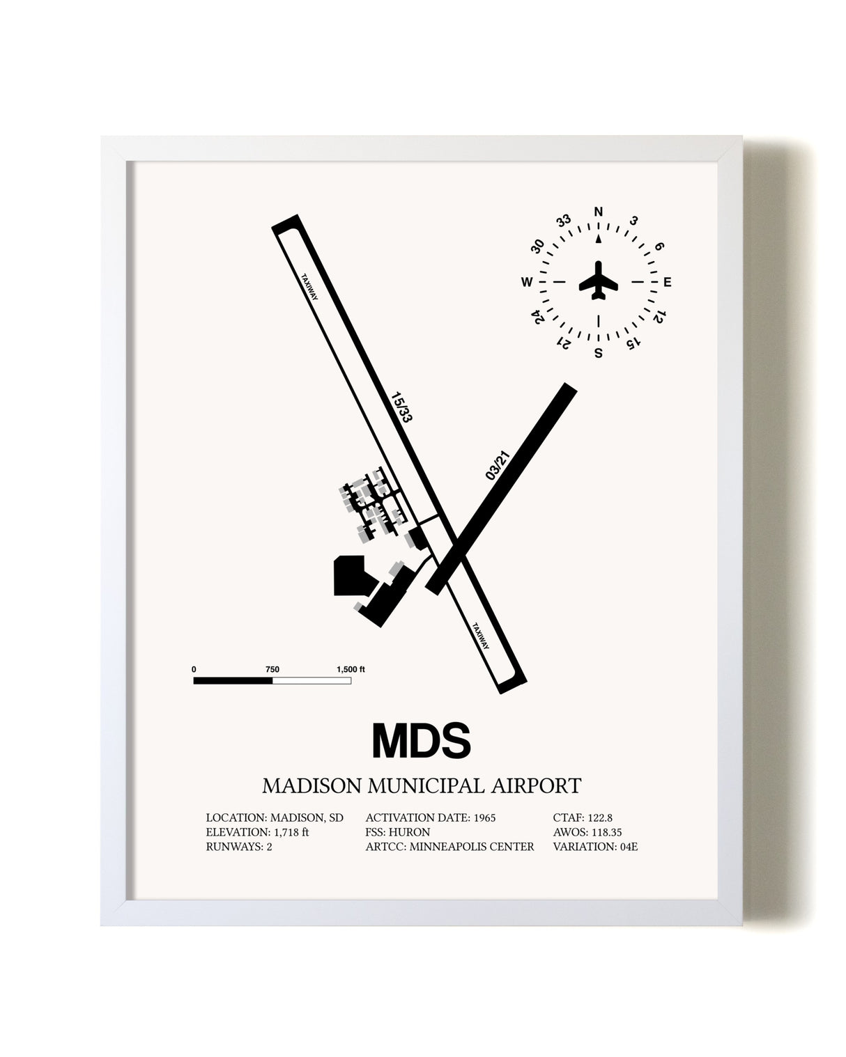 Madison Municipal Airport airport map poster in oak frame