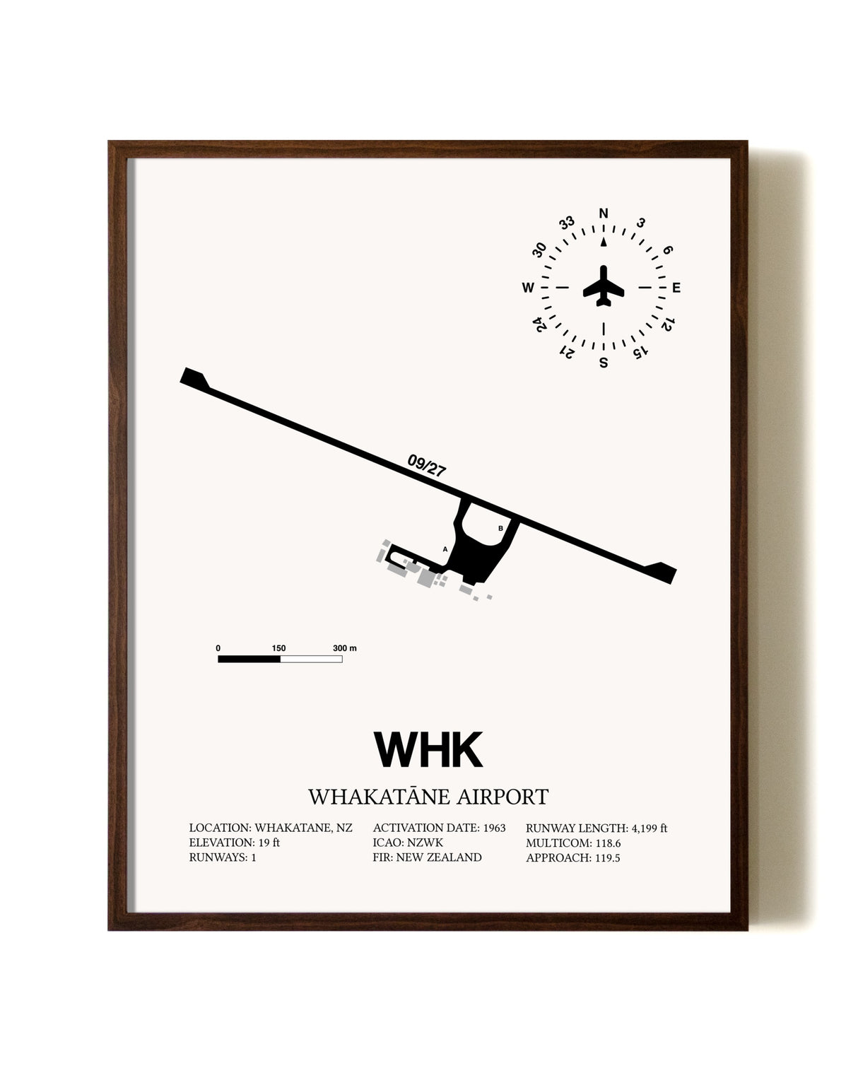 Whakatane Airport aviation print in walnut frame