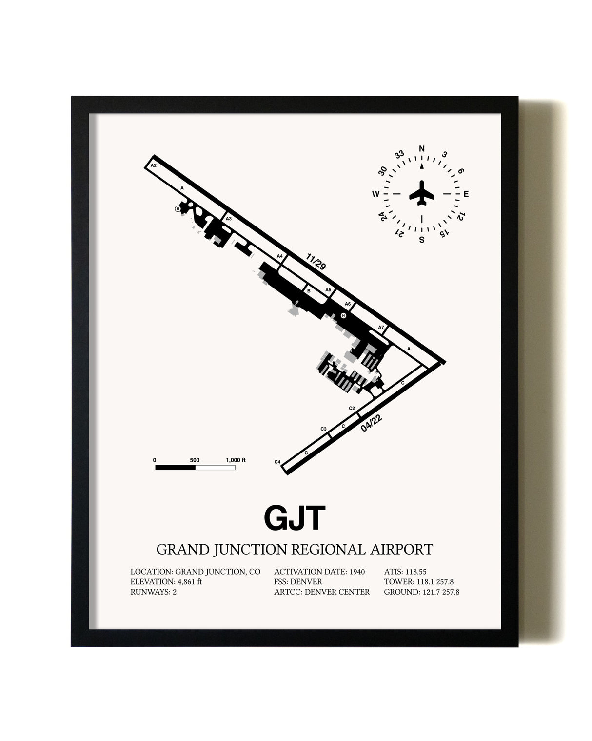 Framed Grand Junction Regional Airport wall art poster in black frame