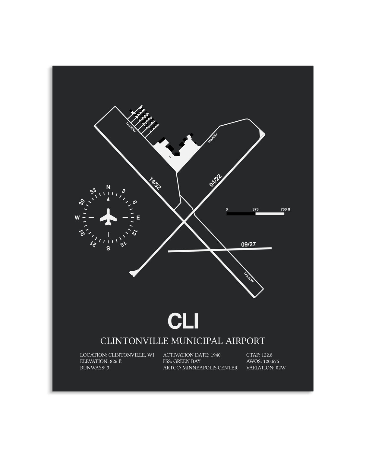 Gray Framed Clintonville Municipal Airport layout wall art poster