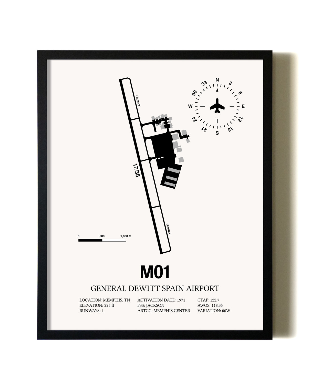 Framed General Dewitt Spain Airport wall art poster in black frame