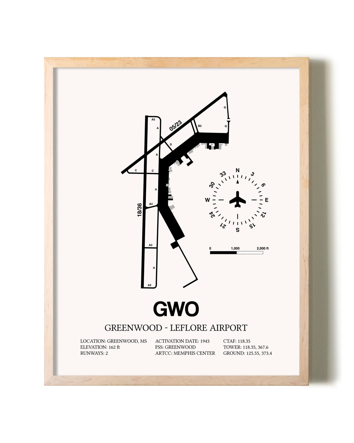 Greenwood-Leflore Airport framed wall art in white frame