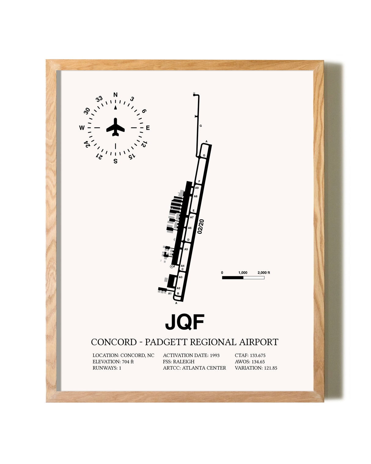 Concord-Padgett Regional Airport framed print in natural wood frame