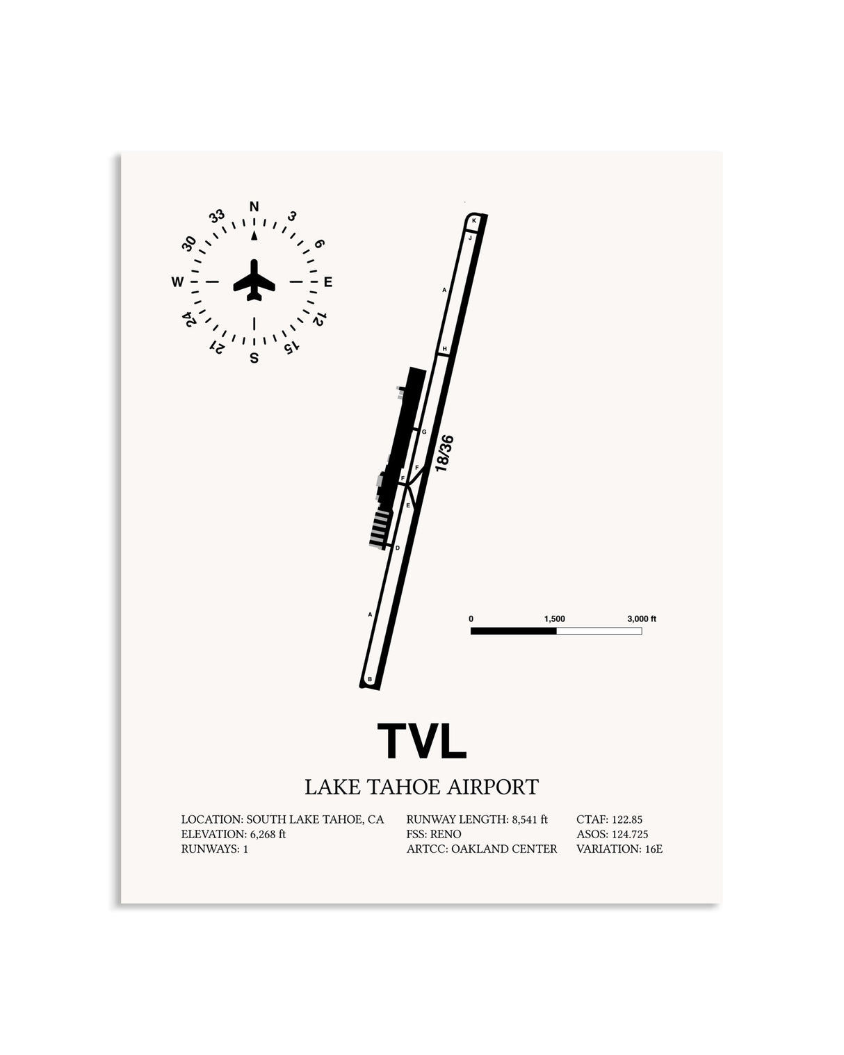 Gray Lake Tahoe Airport framed poster displayed in an airplane hangar