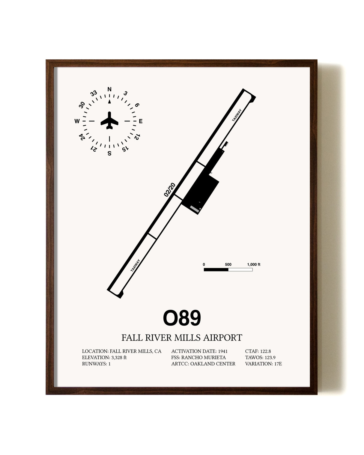 Fall River Mills Airport aviation print in walnut frame