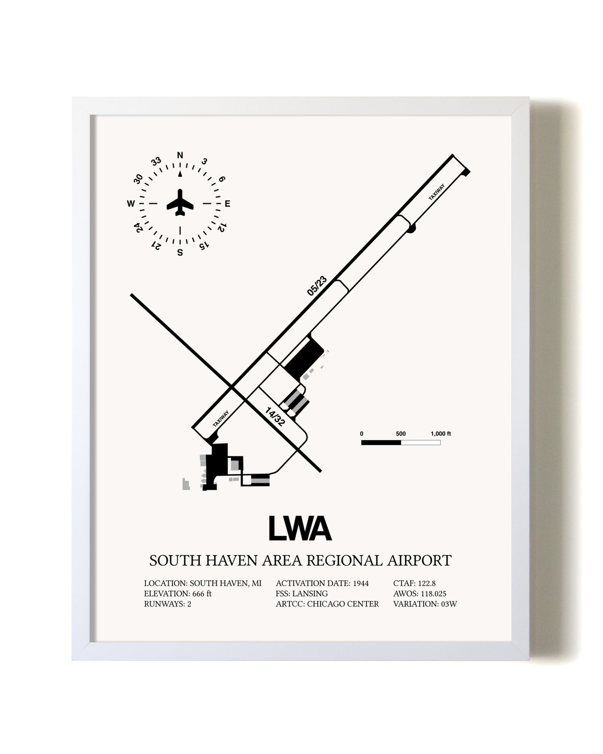 South Haven Area Regional Airport airport map poster in oak frame