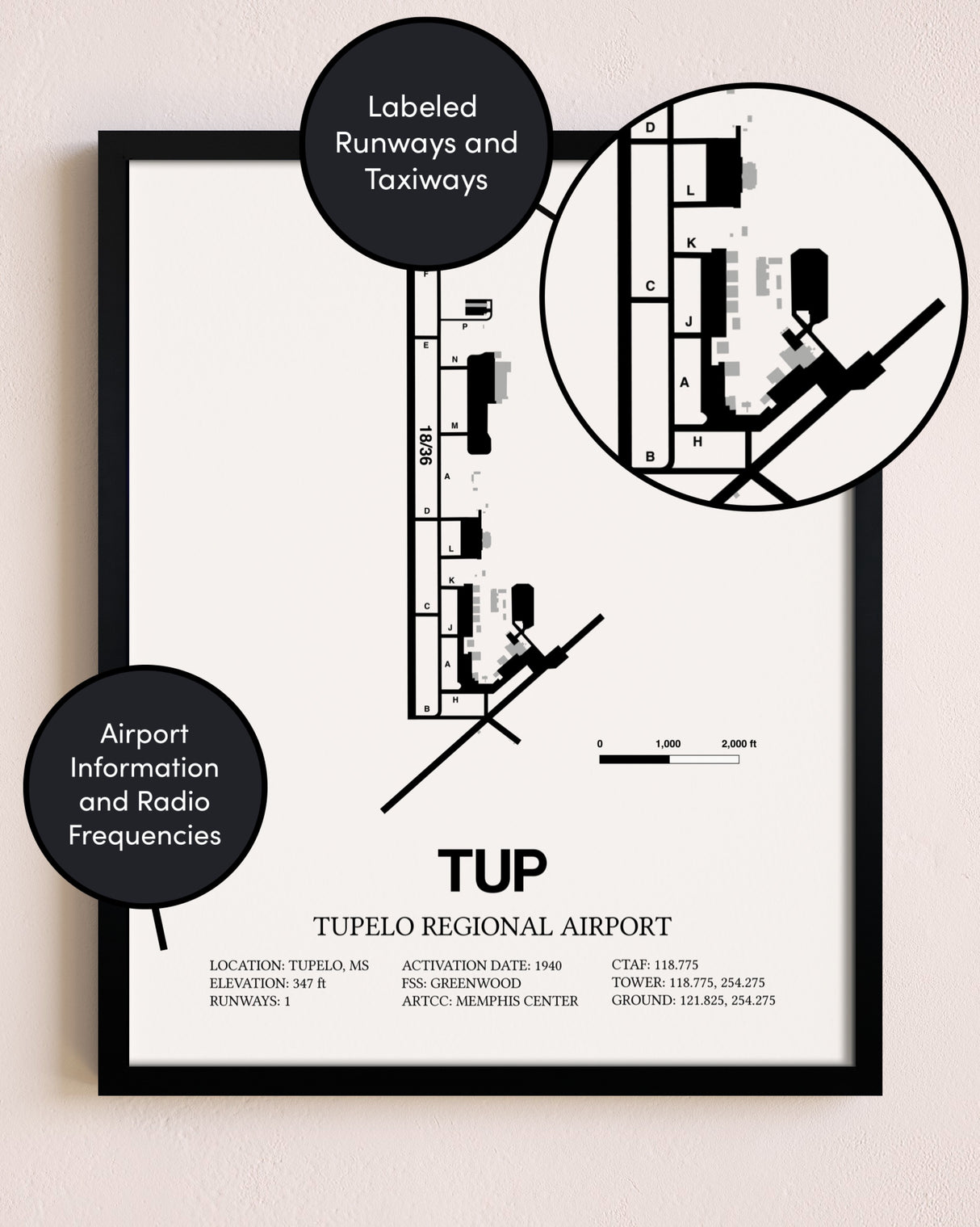 Framed Tupelo Regional Airport layout wall art poster