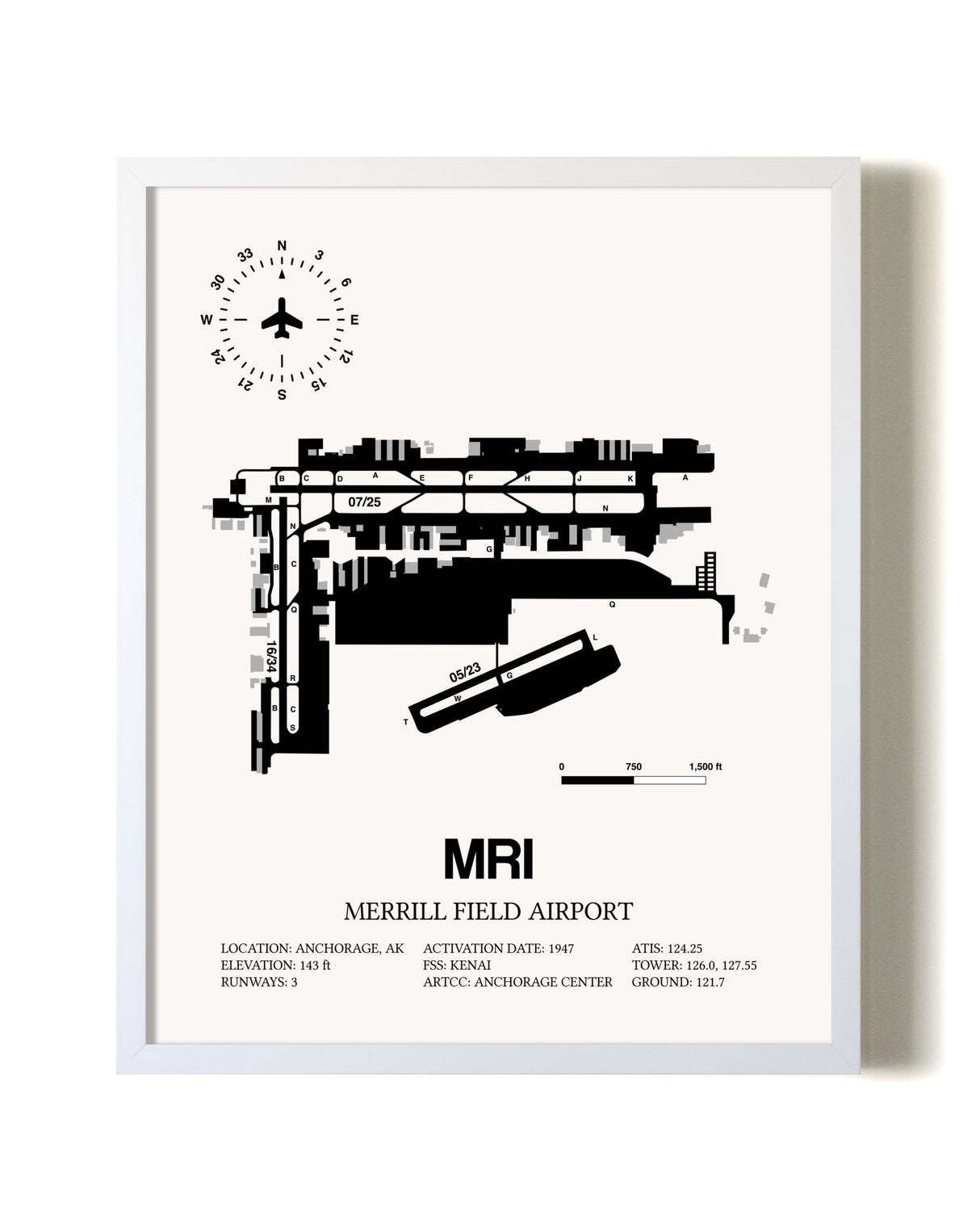 Merrill Field Airport airport map poster in oak frame