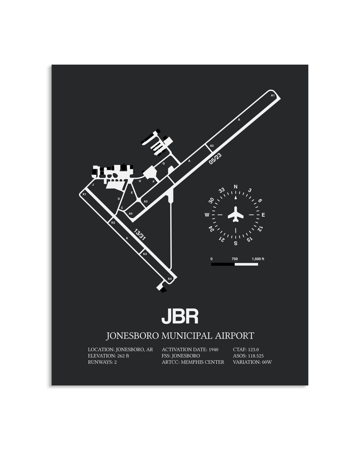 Gray Framed Jonesboro Municipal Airport layout wall art poster
