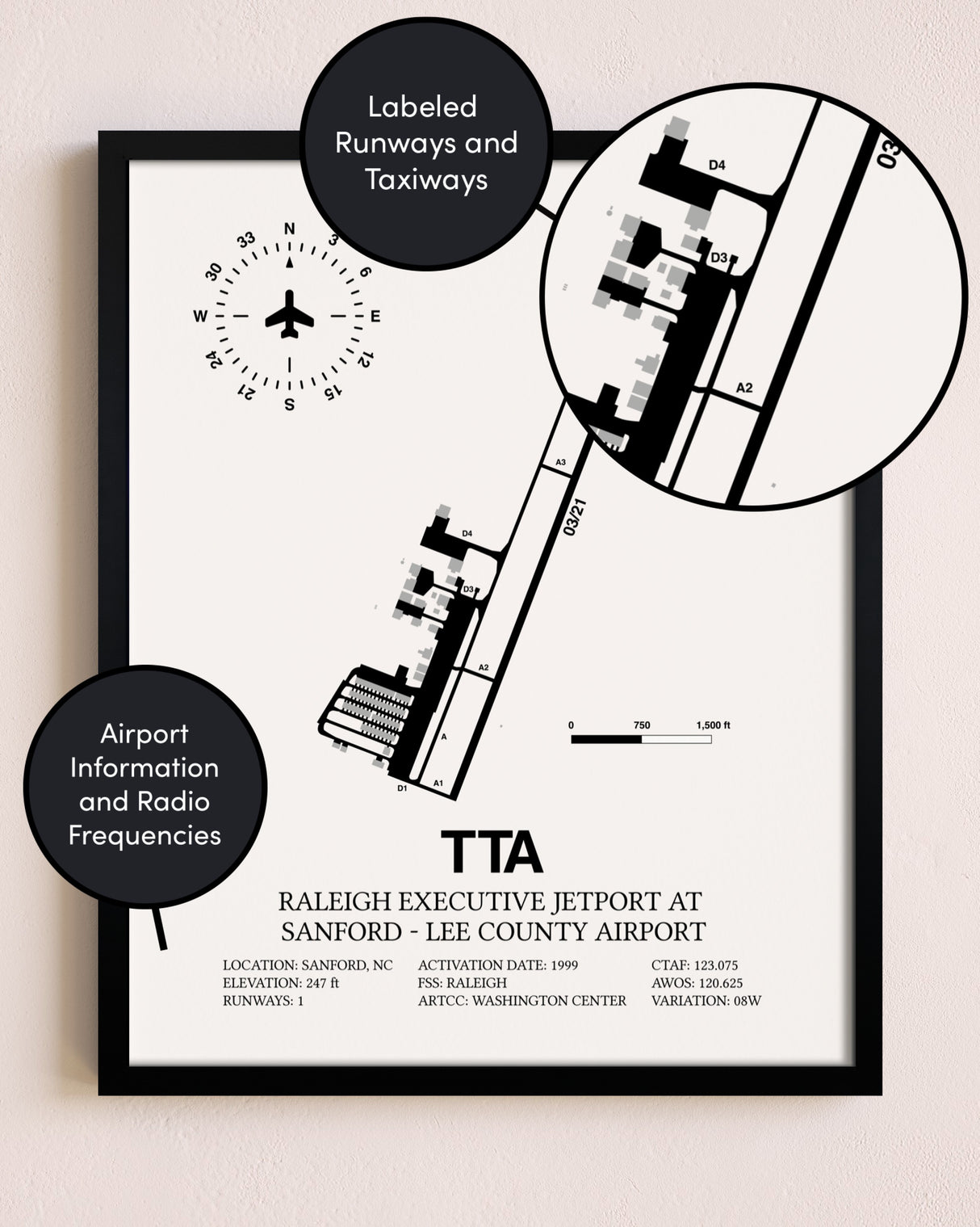 Framed Raleigh Executive Jetport At Sanford-Lee County Airport layout wall art poster