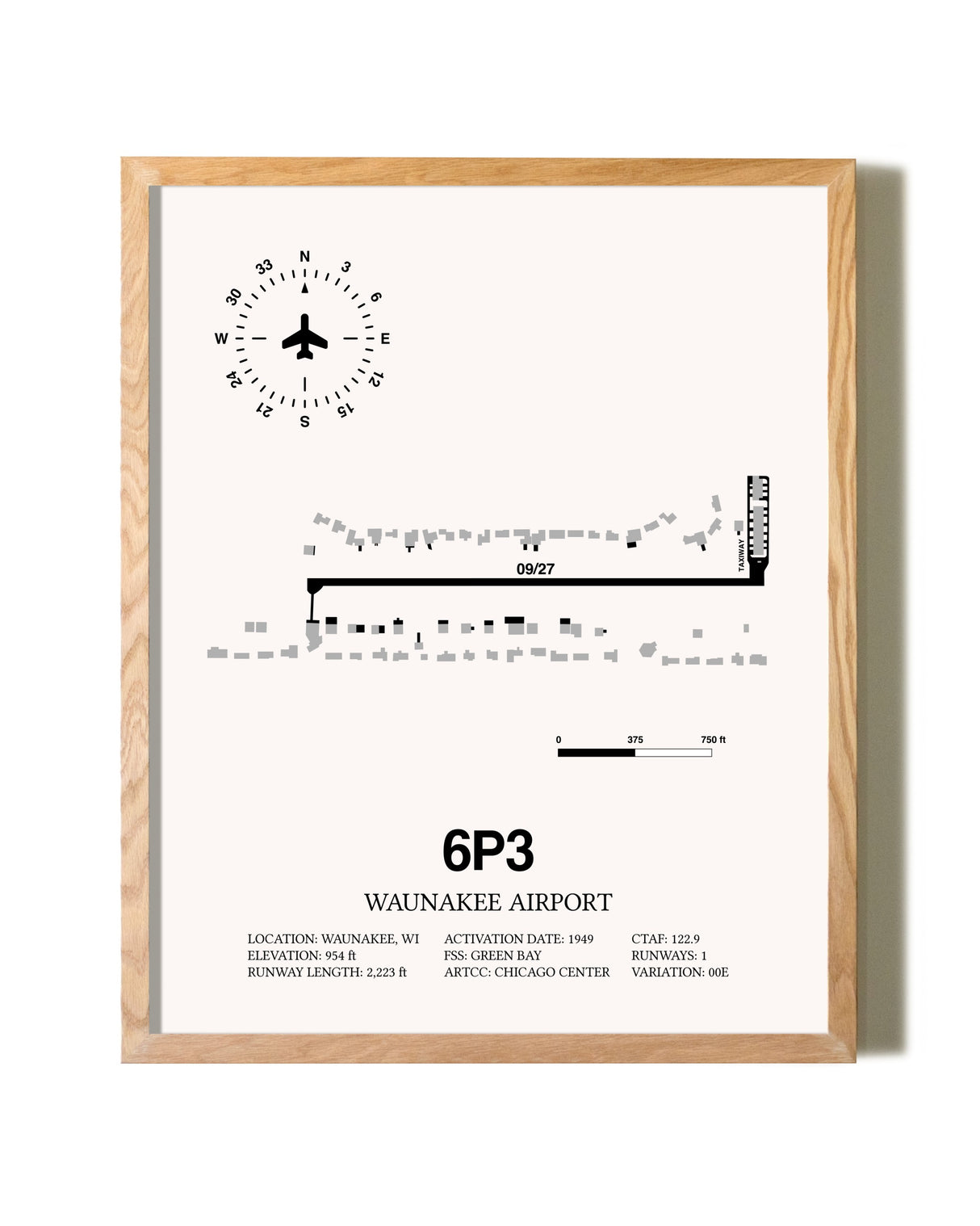 Waunakee Airport framed print in natural wood frame