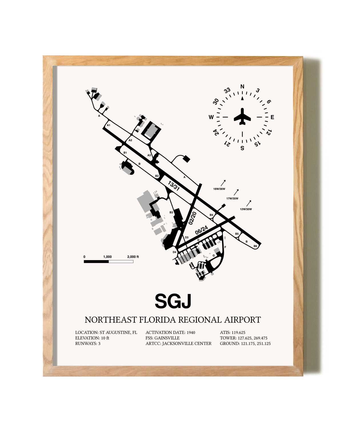 Northeast Florida Regional Airport framed print in natural wood frame