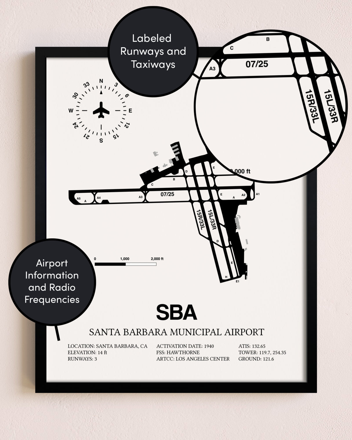 Framed Santa Barbara Municipal Airport layout wall art poster