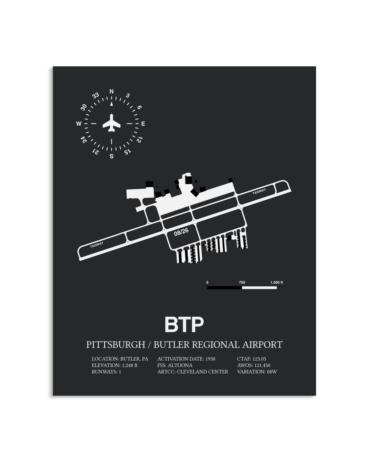 Gray Framed Pittsburgh / Butler Regional Airport layout wall art poster