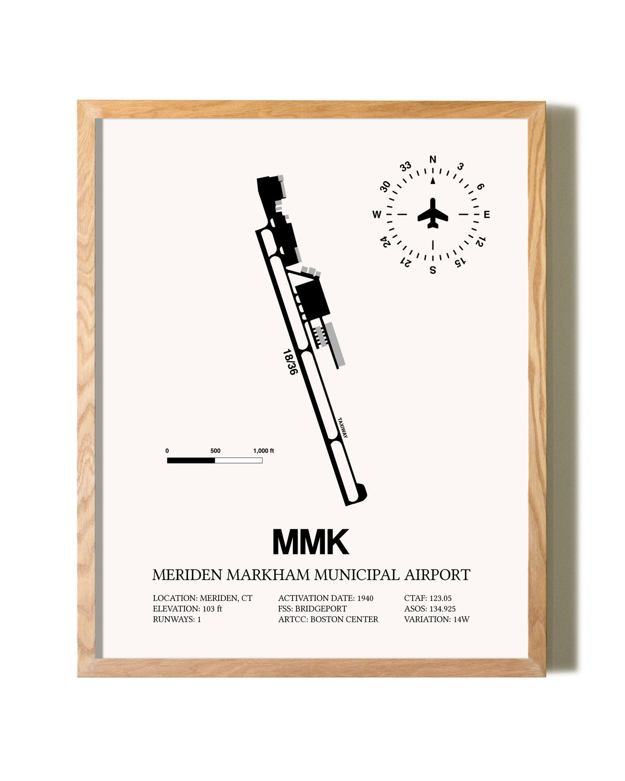 Meriden Markham Municipal Airport framed print in natural wood frame