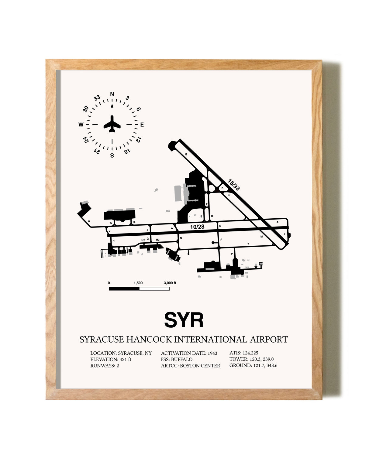 Syracuse Hancock International Airport framed print in natural wood frame