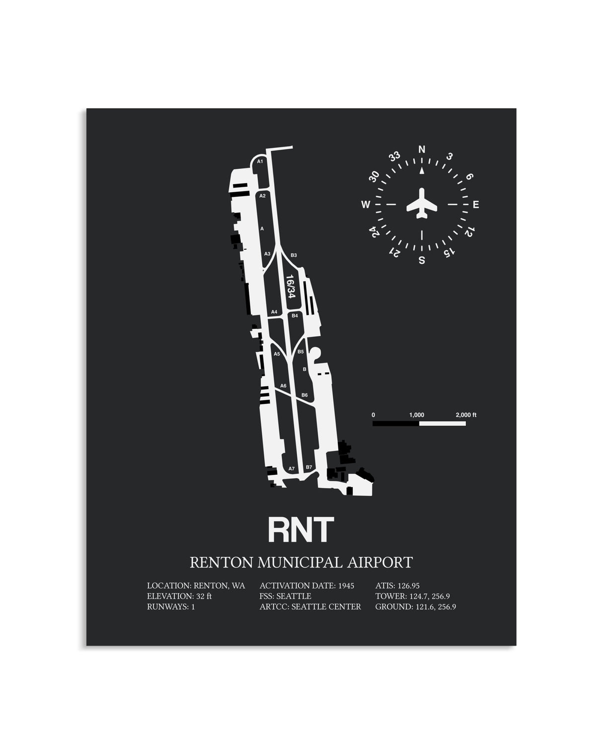 Gray Framed Renton Municipal Airport layout wall art poster