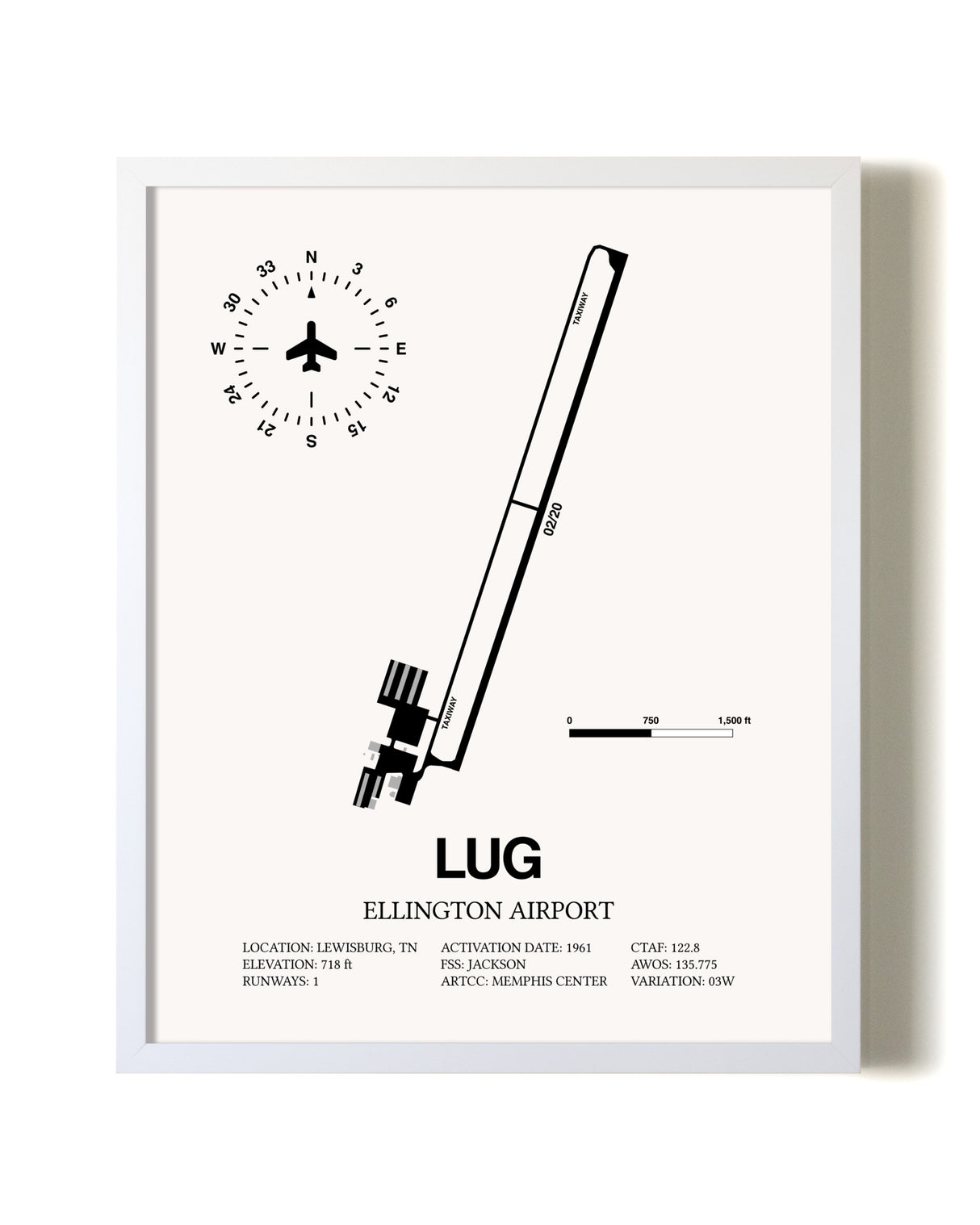 Ellington Airport airport map poster in oak frame