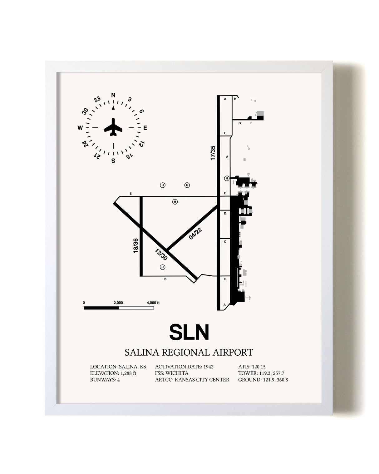 Salina Regional Airport airport map poster in oak frame