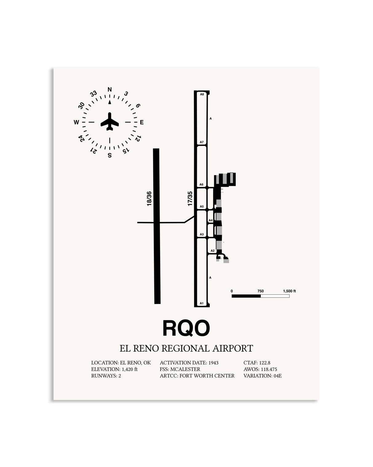 Gray El Reno Regional Airport framed poster displayed in an airplane hangar