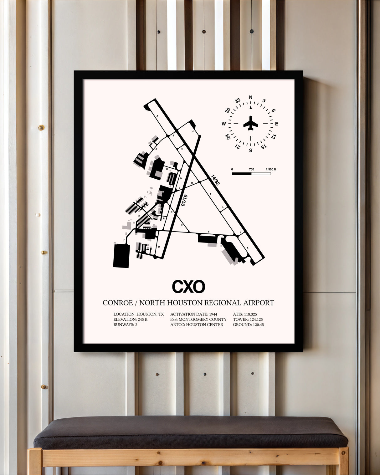 Conroe / North Houston Regional Airport framed poster displayed in an airplane hangar