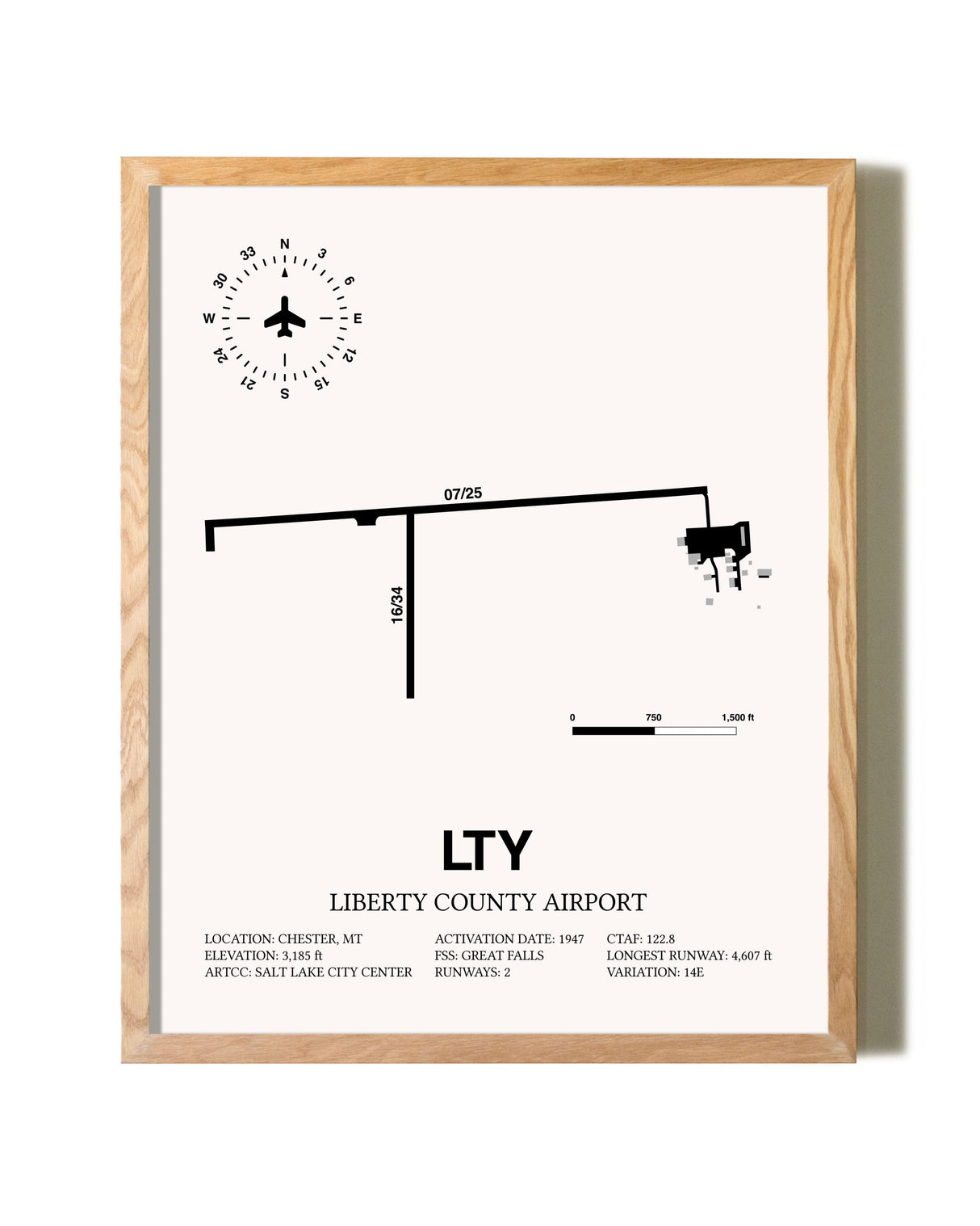 Liberty County Airport framed print in natural wood frame