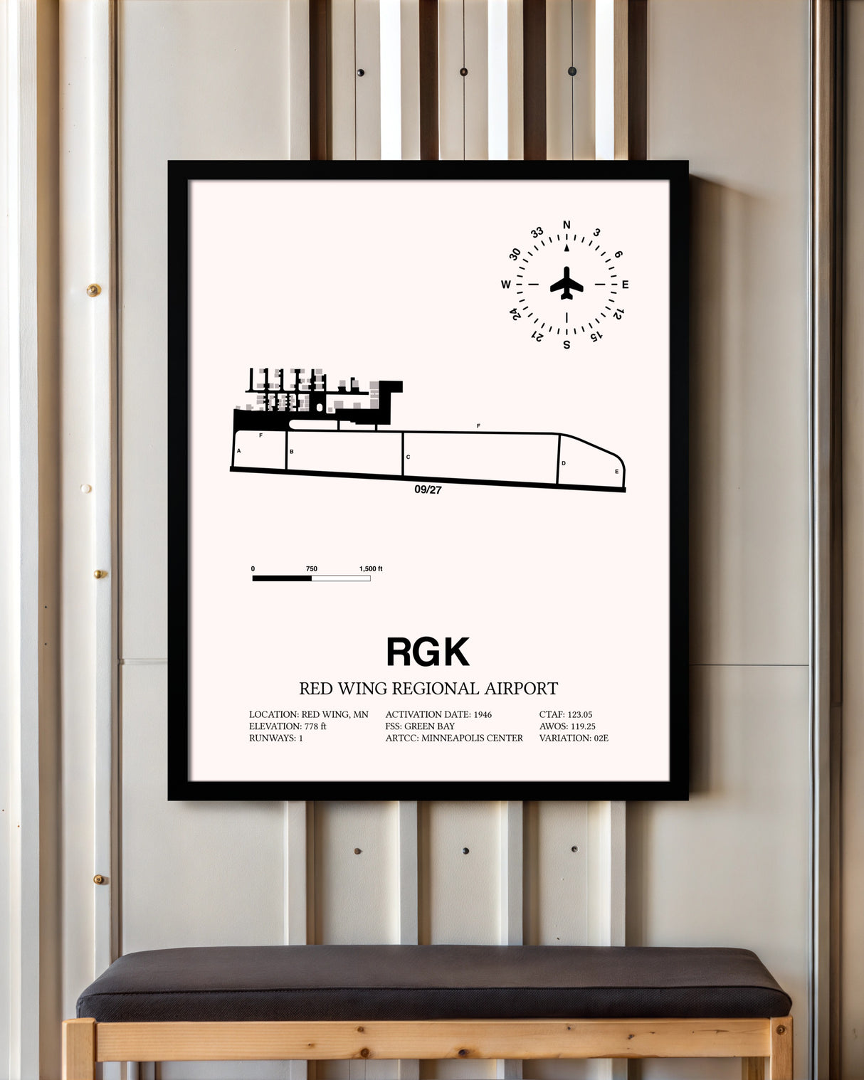Red Wing Regional Airport framed poster displayed in an airplane hangar