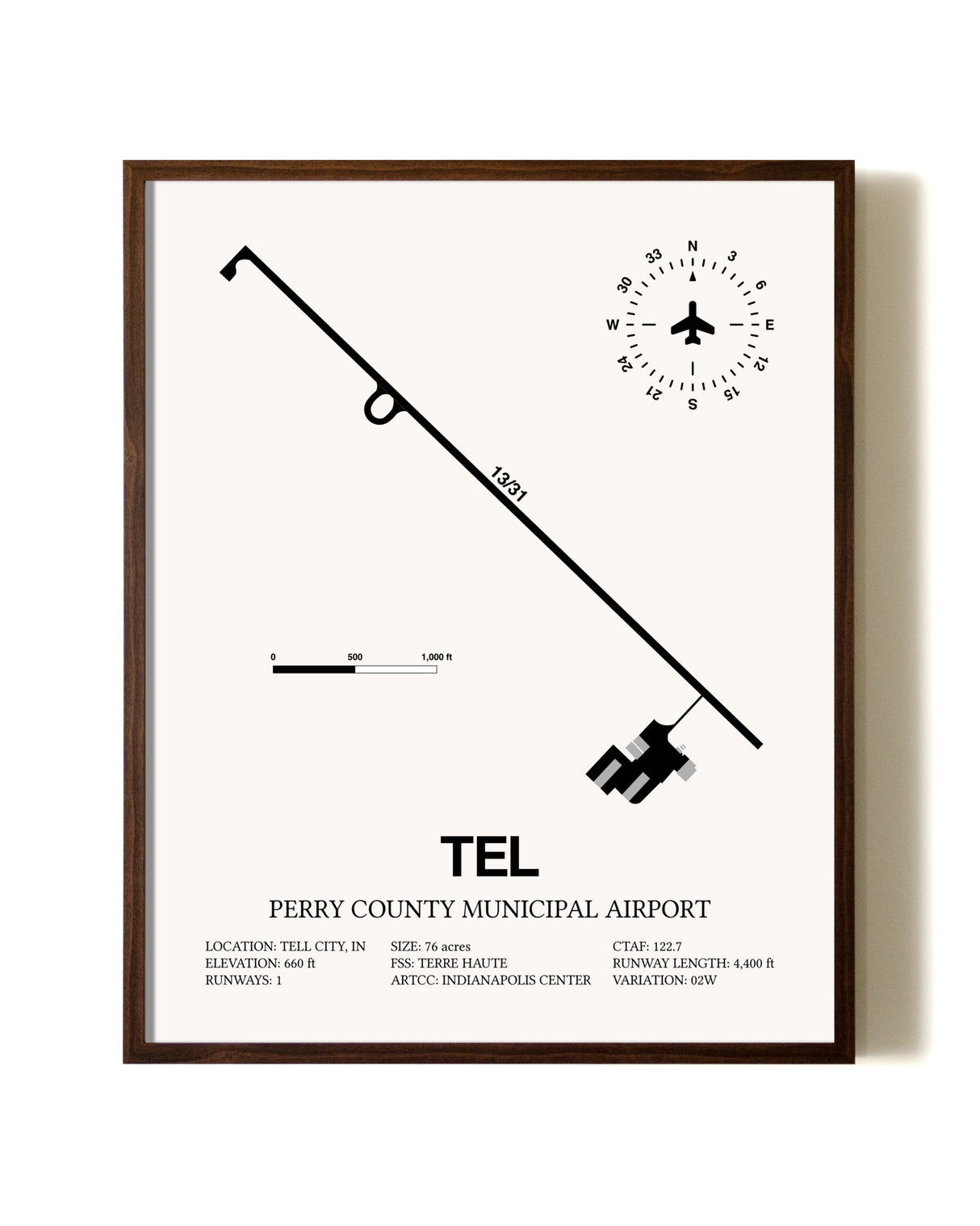 Perry County Municipal Airport aviation print in walnut frame