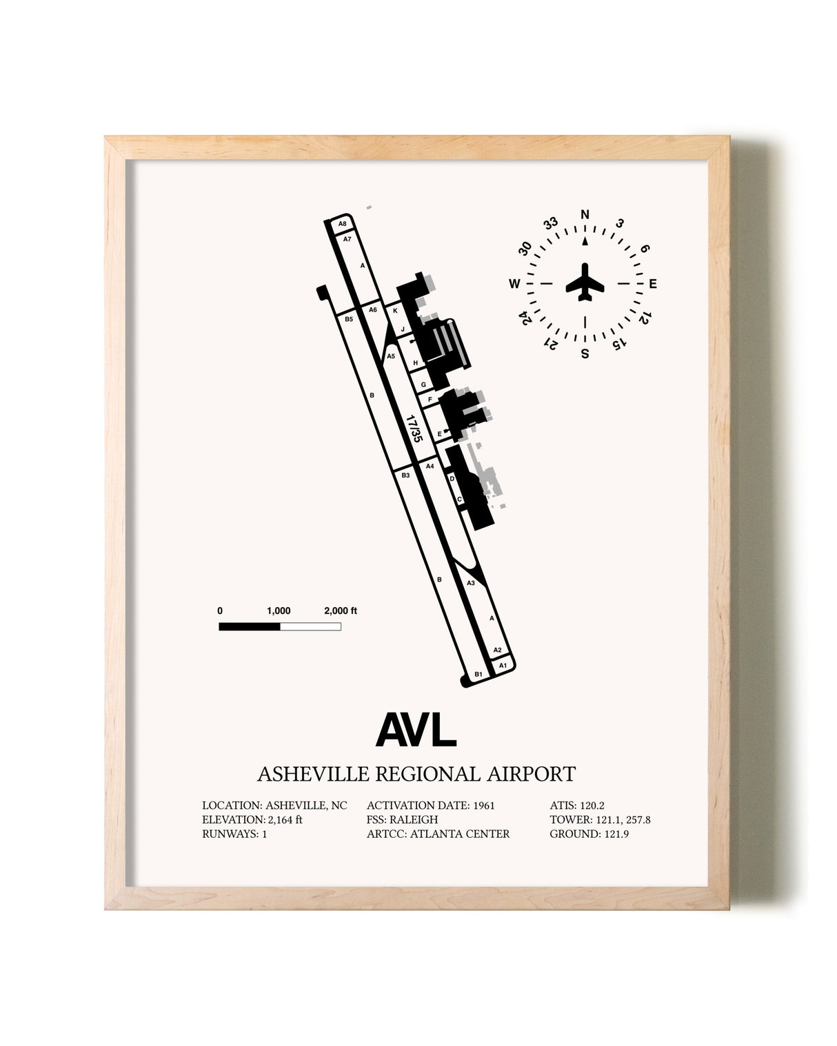 Asheville Regional Airport framed wall art in white frame
