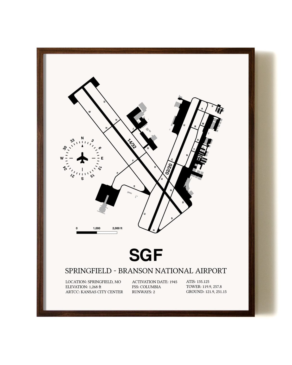 Springfield-Branson National Airport aviation print in walnut frame
