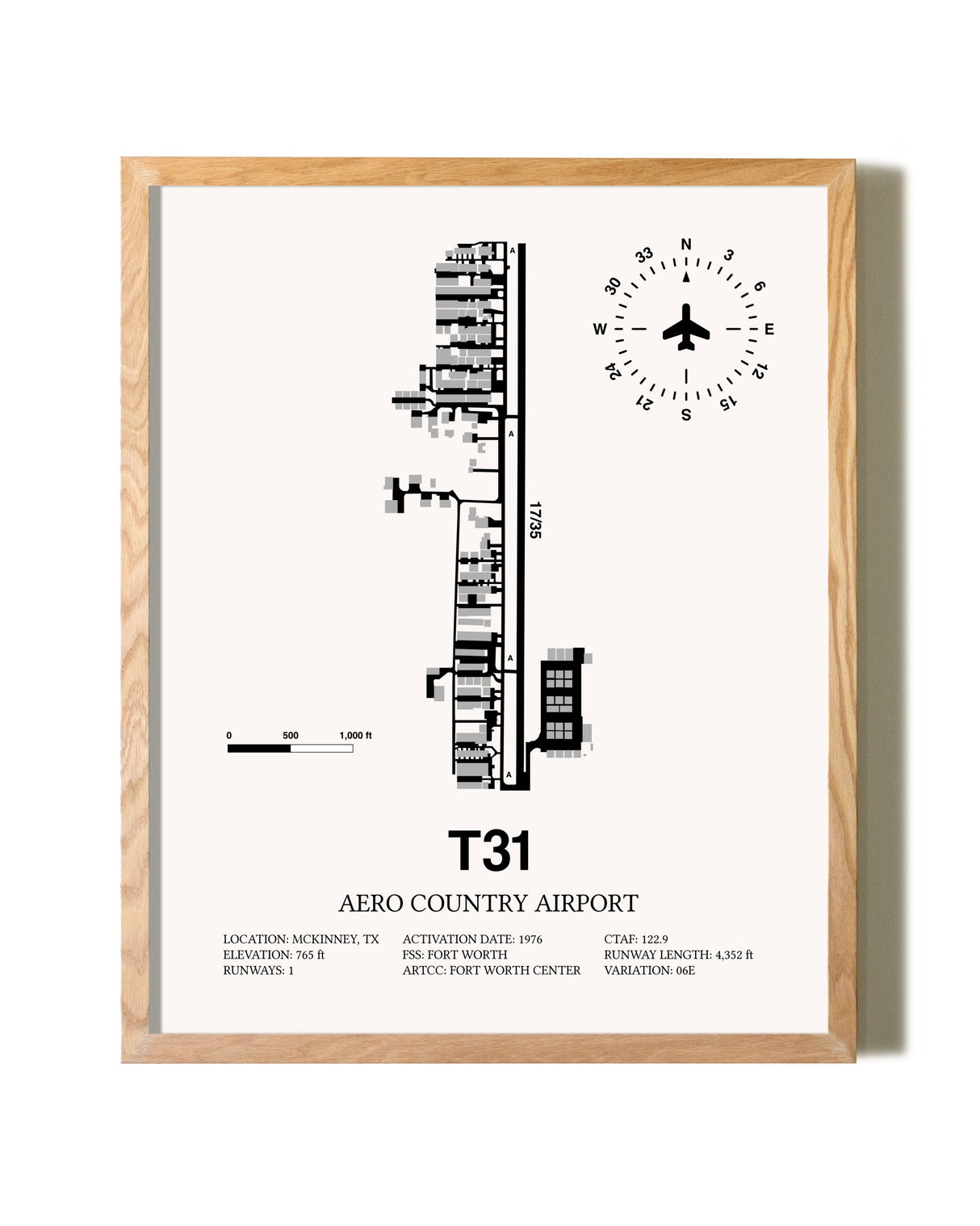 Aero Country Airport framed print in natural wood frame