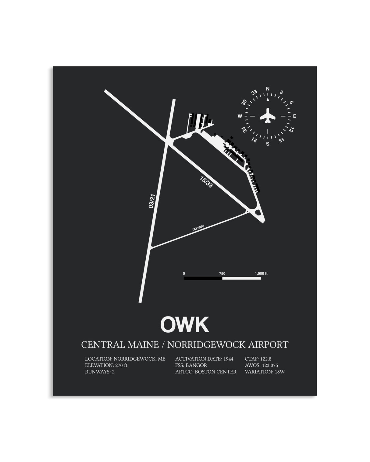 Gray Framed Central Maine / Norridgewock Airport layout wall art poster