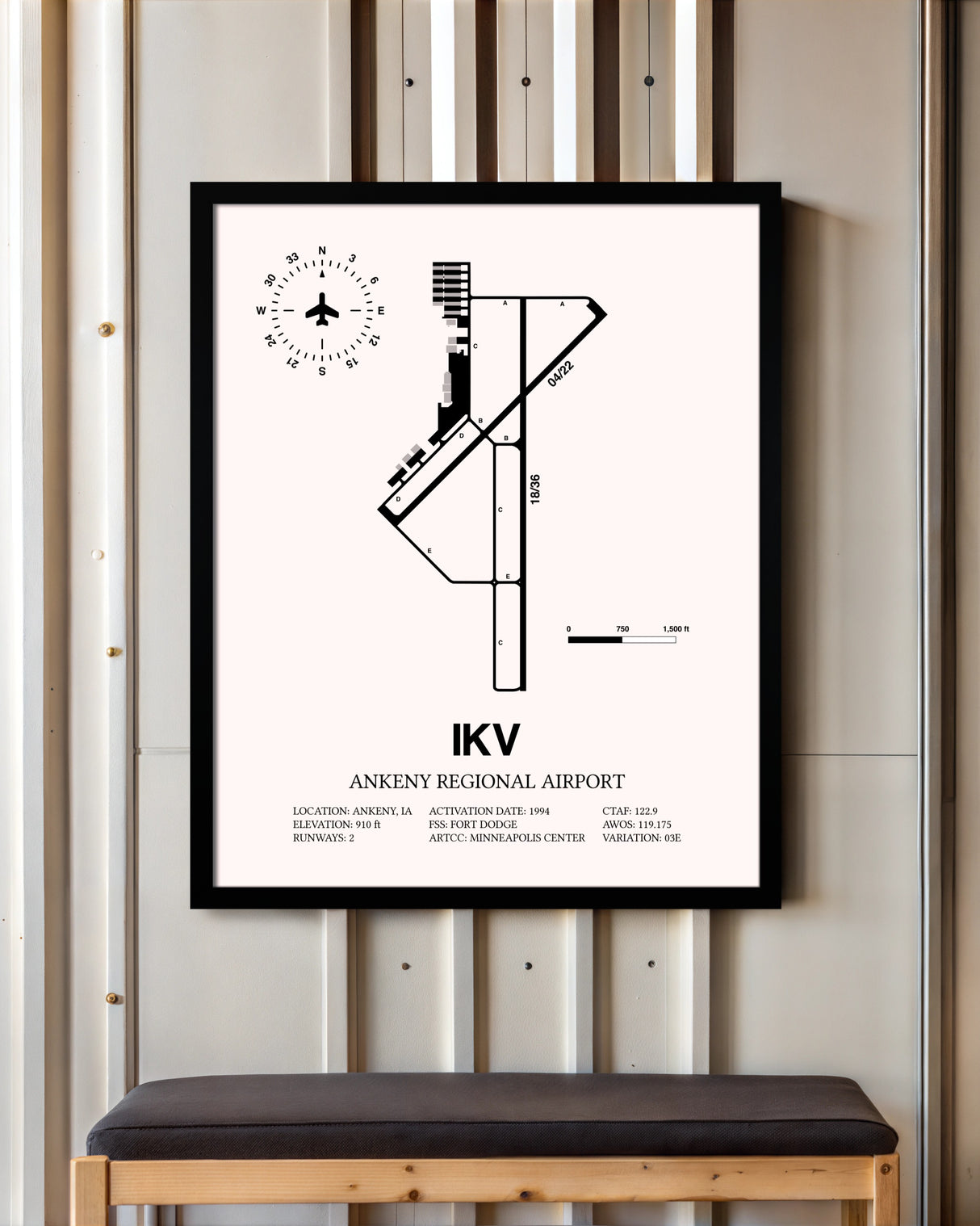 Ankeny Regional Airport framed poster displayed in an airplane hangar
