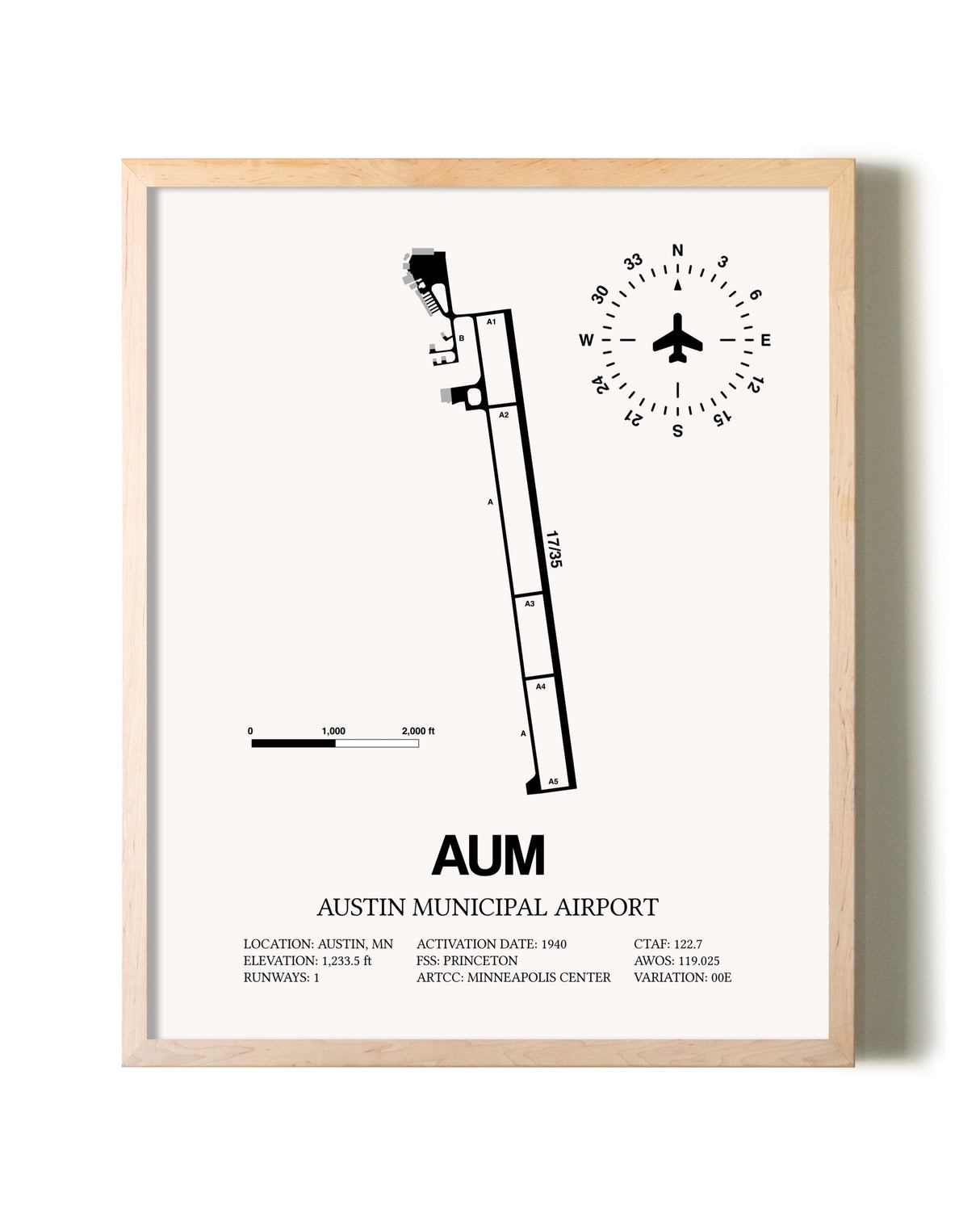 Austin Municipal Airport framed wall art in white frame