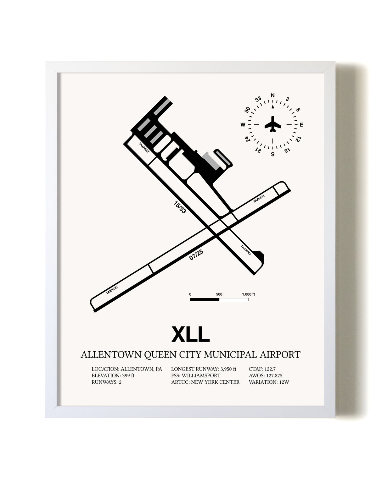 Allentown Queen City Municipal Airport airport map poster in oak frame
