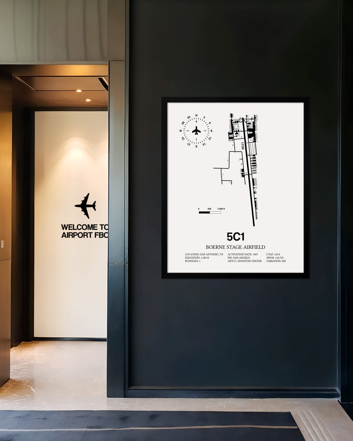 Framed Detailed Airport Map of Boerne Stage Field (5C1) in White with a Black Frame