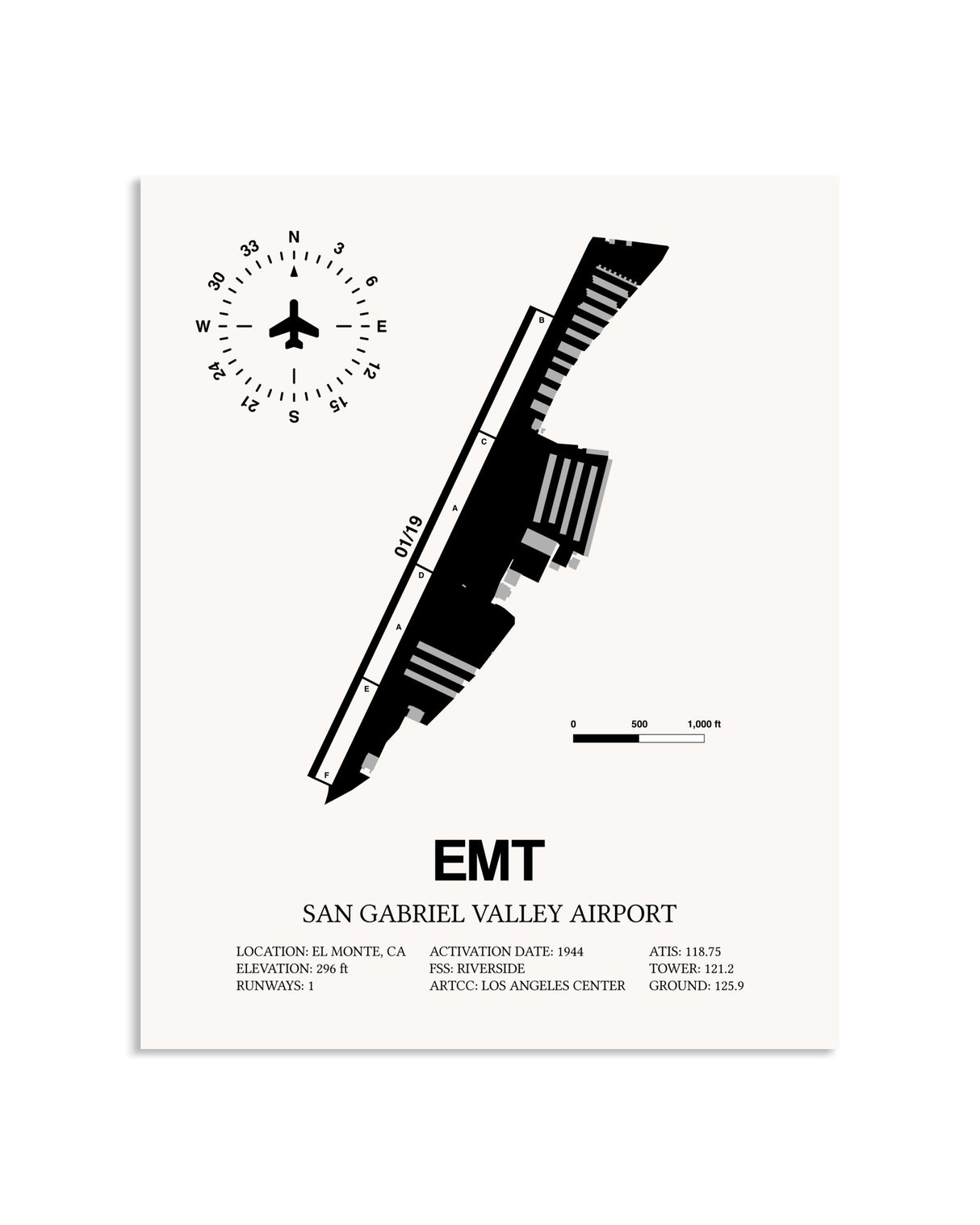 Gray San Gabriel Valley Airport framed poster displayed in an airplane hangar