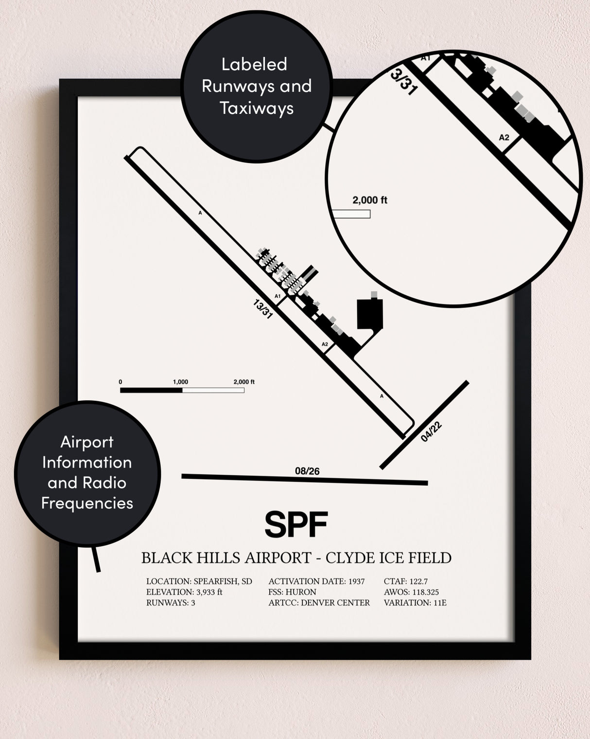 Framed Black Hills Airport-Clyde Ice Field layout wall art poster
