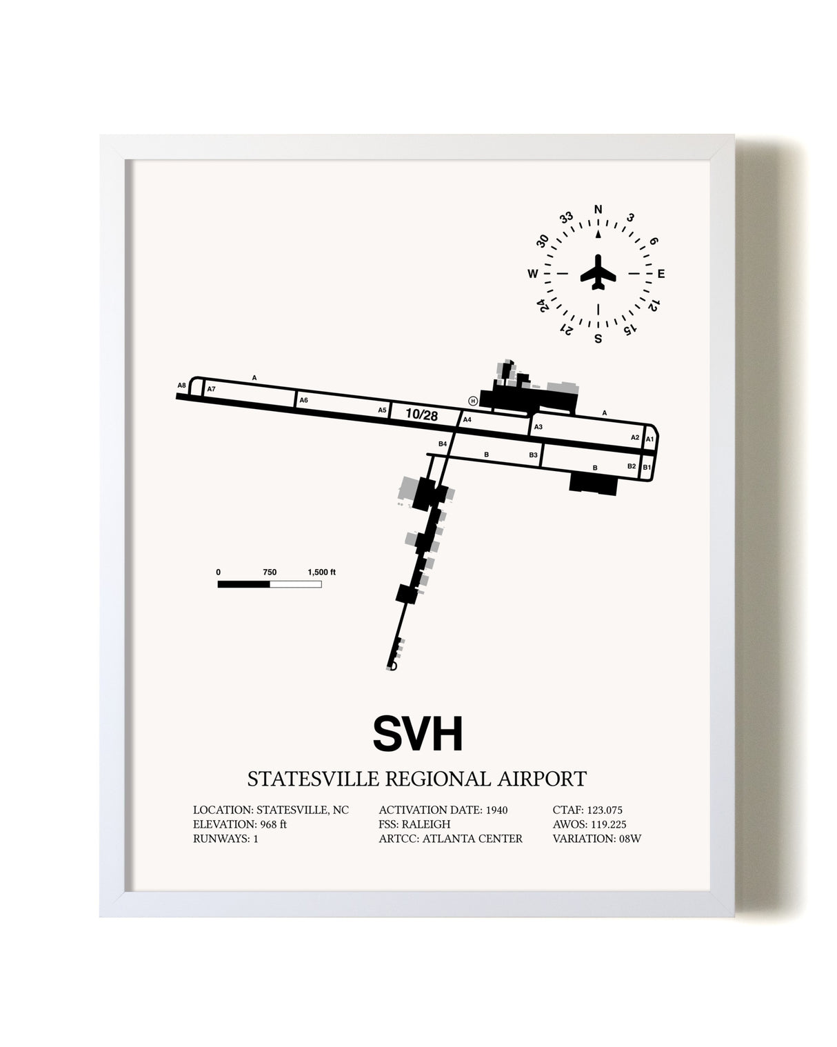Statesville Regional Airport airport map poster in oak frame