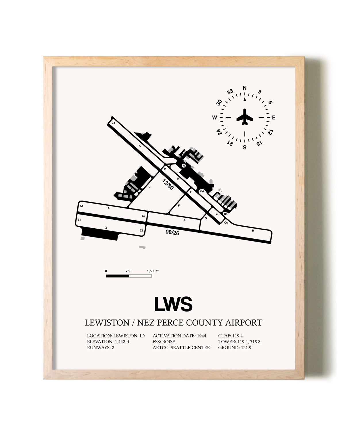 Lewiston / Nez Perce County Airport framed wall art in white frame