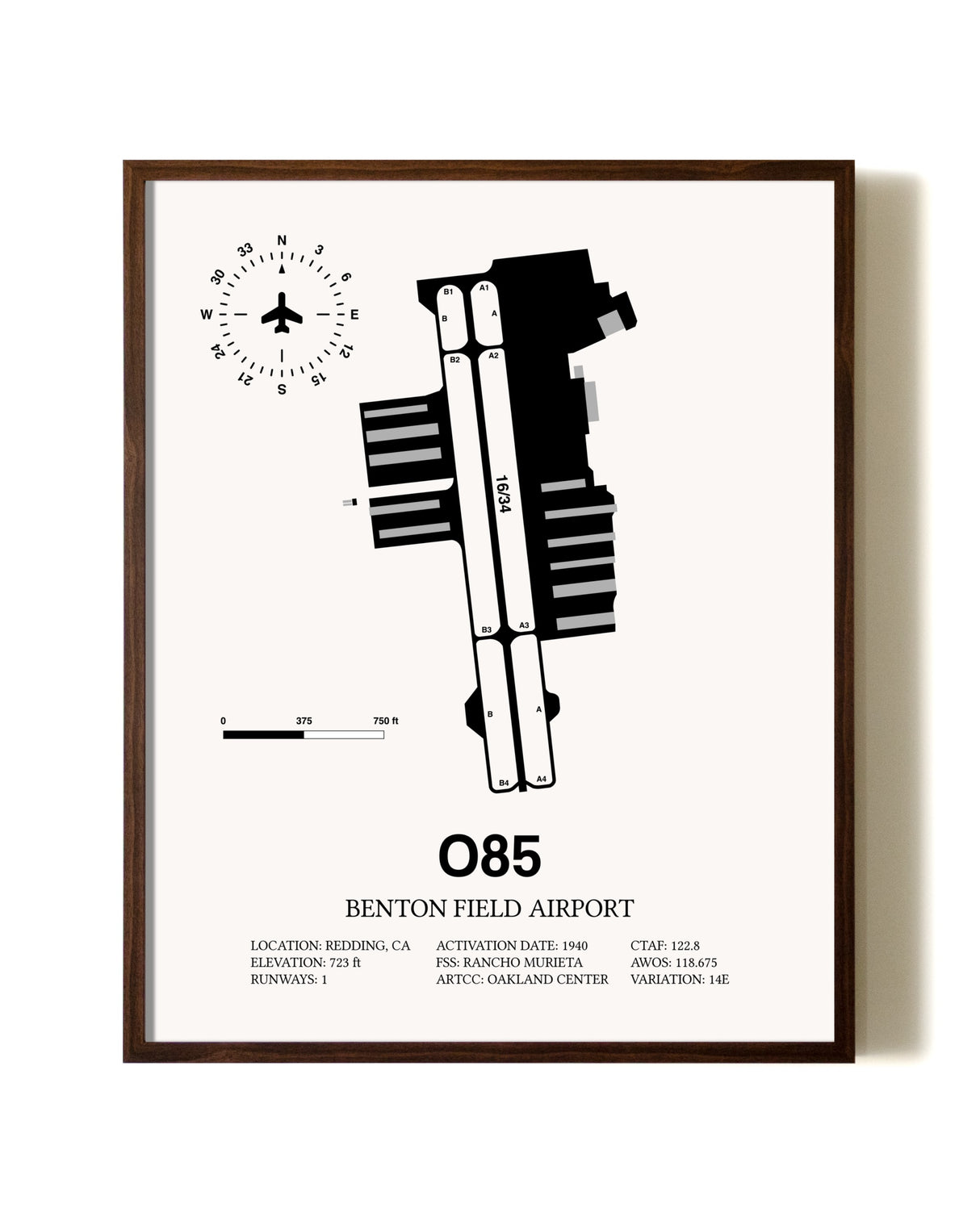 Benton Field Airport aviation print in walnut frame