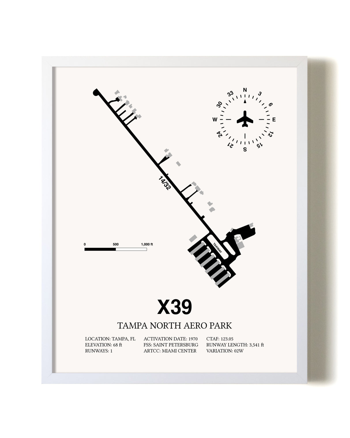 Tampa North Aero Park airport map poster in oak frame