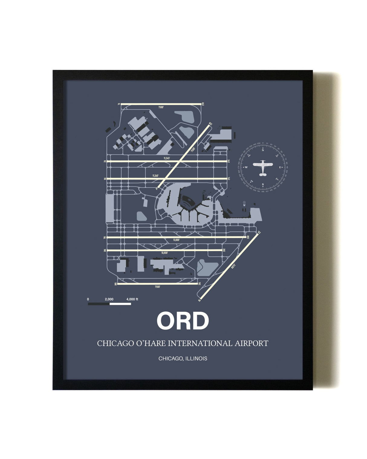 Blue and Cream Framed Chicago O'Hare International Airport layout wall art poster