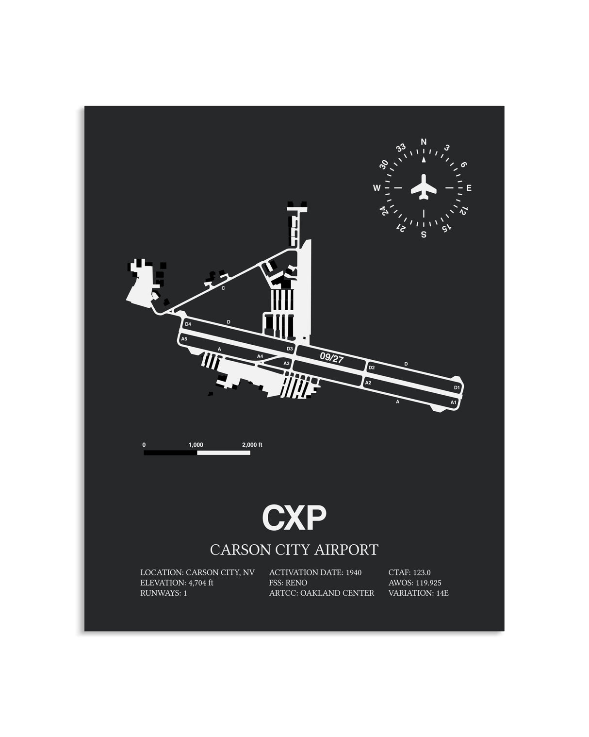 Gray Framed Carson City Airport layout wall art poster