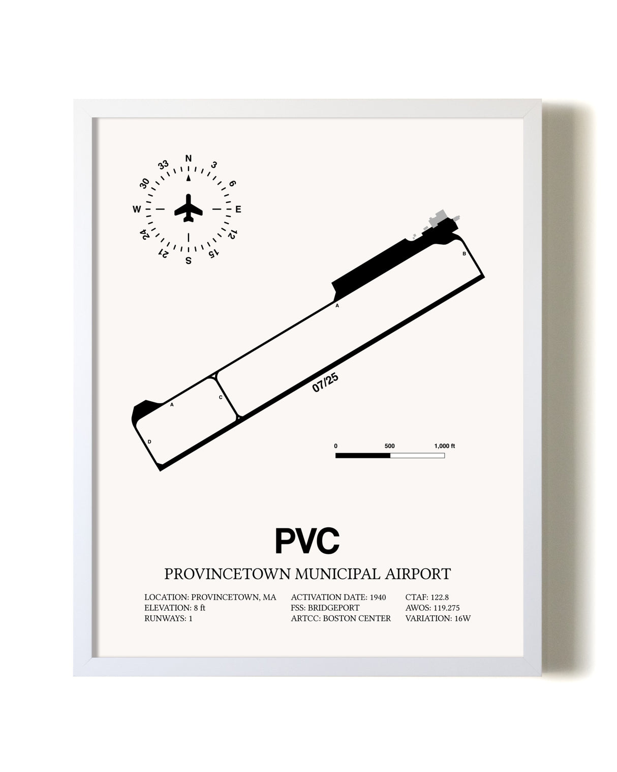 Provincetown Municipal Airport airport map poster in oak frame