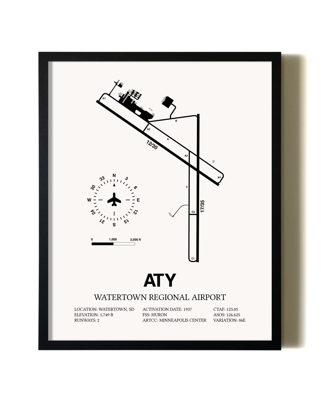 Framed Watertown Regional Airport wall art poster in black frame