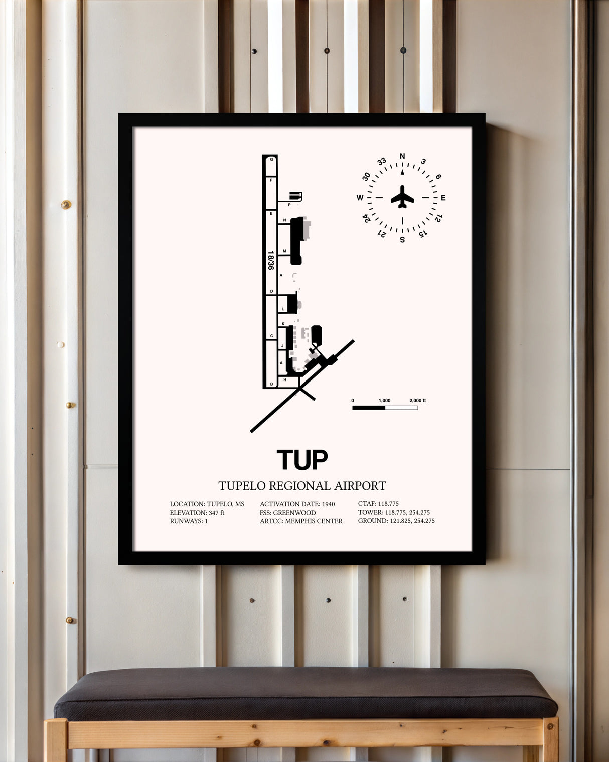 Tupelo Regional Airport framed poster displayed in an airplane hangar