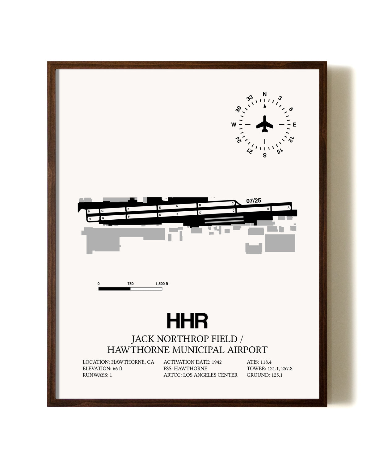 Jack Northrop Field / Hawthorne Municipal Airport aviation print in walnut frame