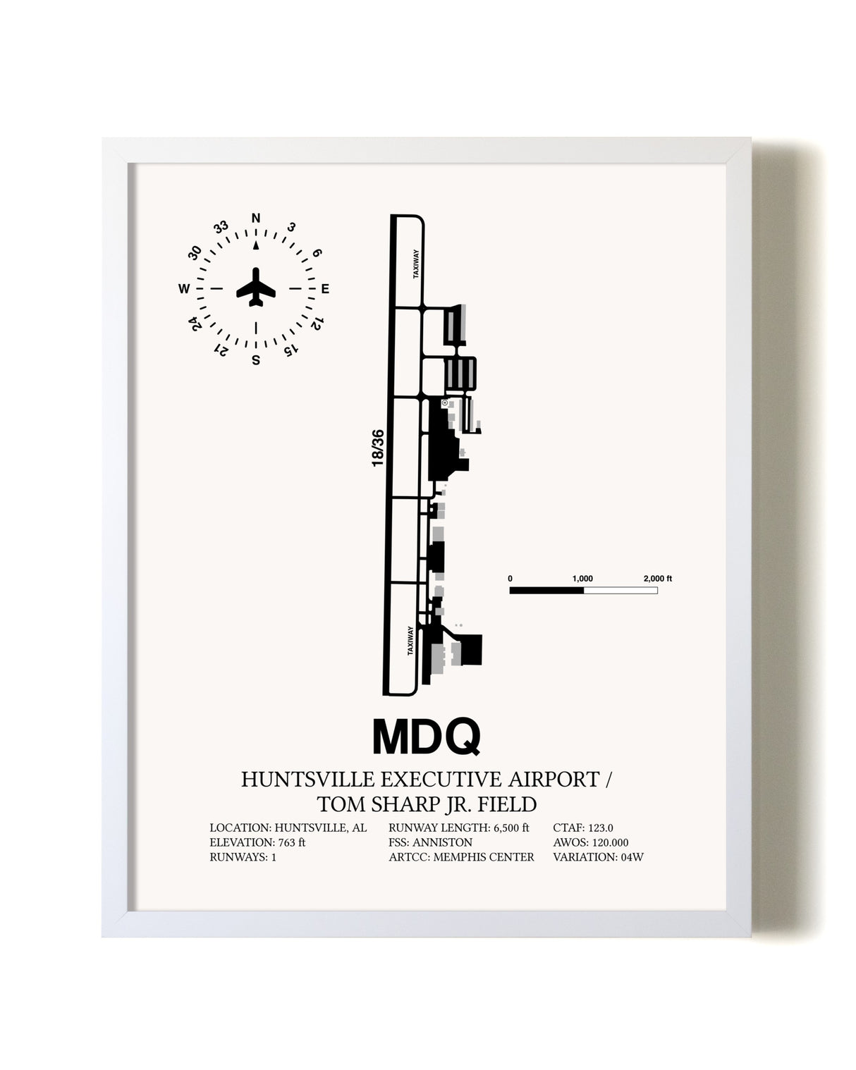 Huntsville Executive Airport / Tom Sharp Jr. Field airport map poster in oak frame