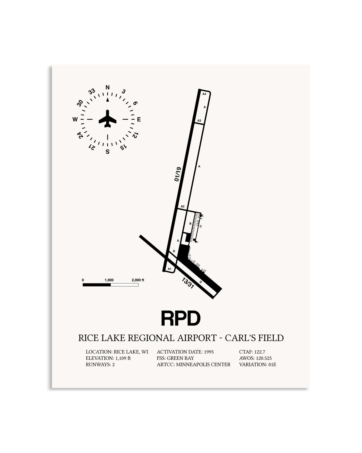 Gray Rice Lake Regional Airport-Carl's Field framed poster displayed in an airplane hangar